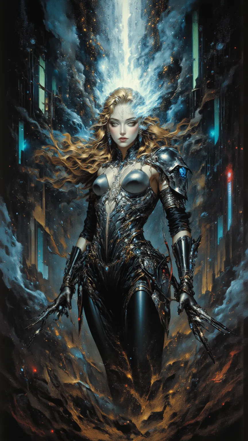 full body, Cyberpunk women，Dark Arts ，sci-fi，Gothic，weapons，sexy，long golden hair，Wayne Reynolds draws，is in a highly detailed and dynamic style, Luminescence