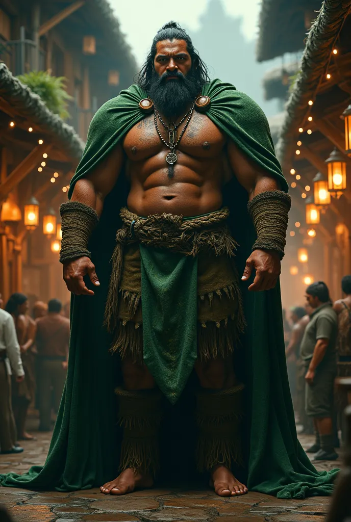 GIANT MAORI YOUNG, strong and fat, four meters tall, in the background a tavern setting, He wears a green cloak
