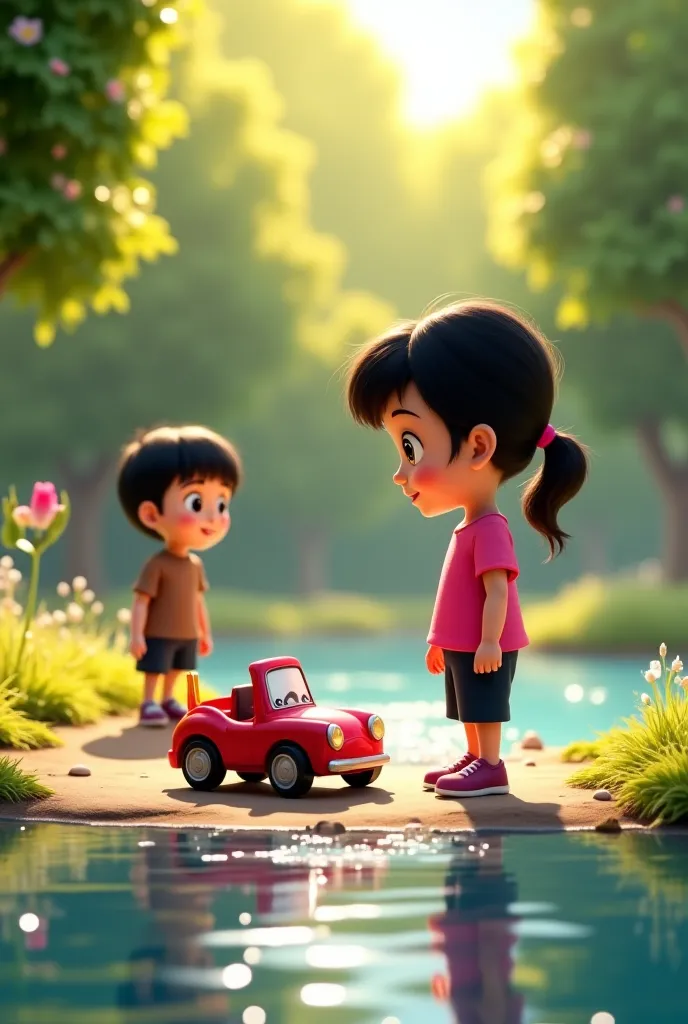 Sara's toy car near the river**  
   "A Pixar-style cartoon scene of Sara, wearing a pink shirt and black pants, placing her small red toy car near the edge of a sparkling river. Ali, with black hair, beautiful eyes, and dressed in a brown t-shirt and blac...