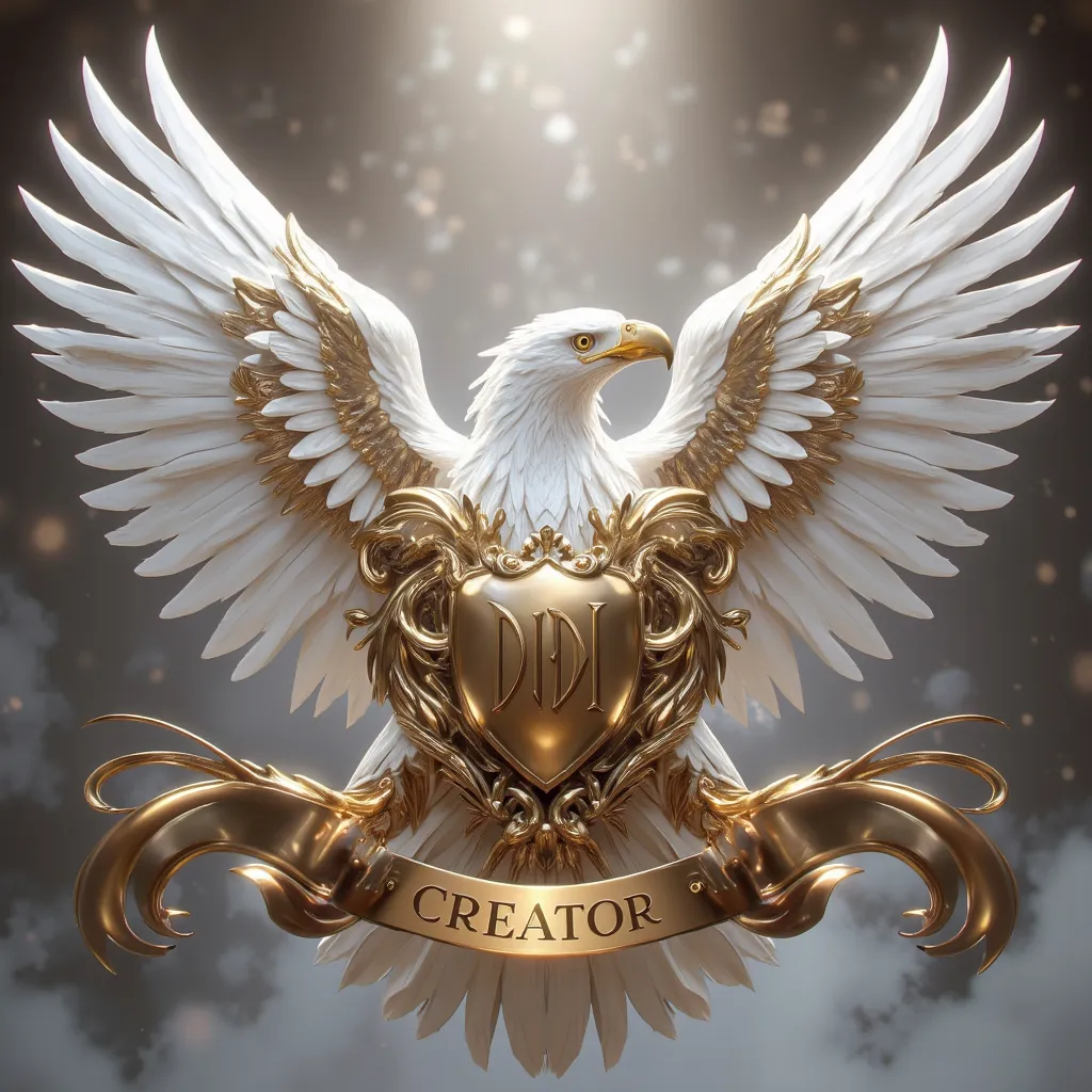 "A very detailed heraldic style logo, menampilkan elang white dengan ekspresi tegas dan mata tajam. The eagle wing is open with smooth and realistic feathers, decorated with gold accents on the wingtips. in the middle, there is a golden shield with the ini...