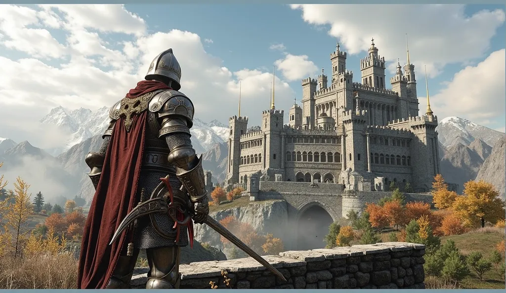 arafed knight standing on a wall overlooking a castle in the middle of a forest, a screenshot by senior environment artist, trending on cg society, renaissance, hd 4k game screenshot, unreal engine 5 4 k uhd image, unreal engine 5 quality, action rpg video...