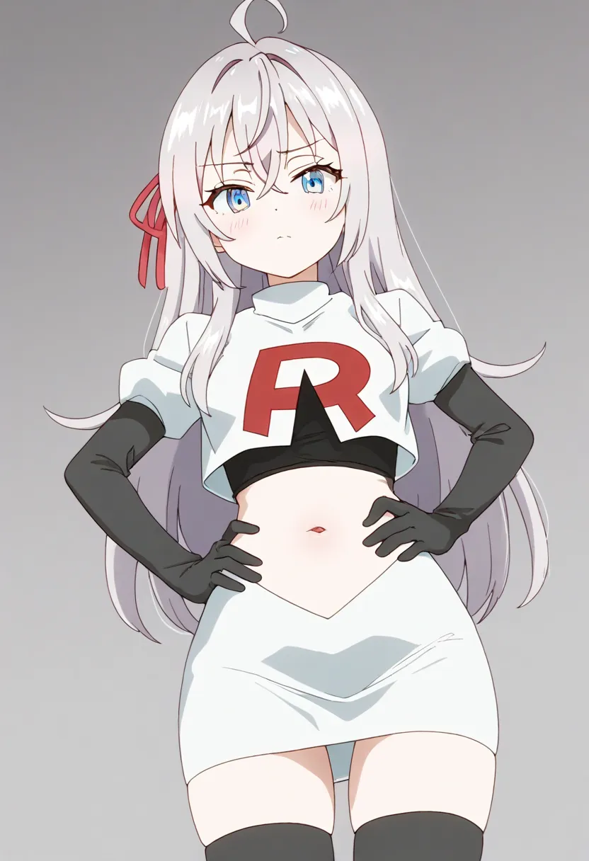 masterpiece, best quality, amazing quality,
1girl, solo, looking at viewer, gradient background, 
long hair, silver hair, ahoge, crossed bangs, red hair ribbon, sidelocks, blue eyes,
team rocket,team rocket uniform,white skirt,red letter R,crop top,black t...