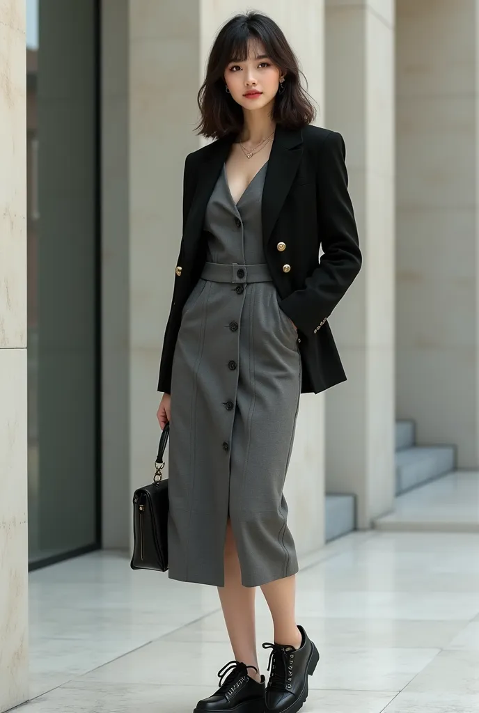 Woman in gray Midi dress with black blazer with gold buttons and black sneakers 