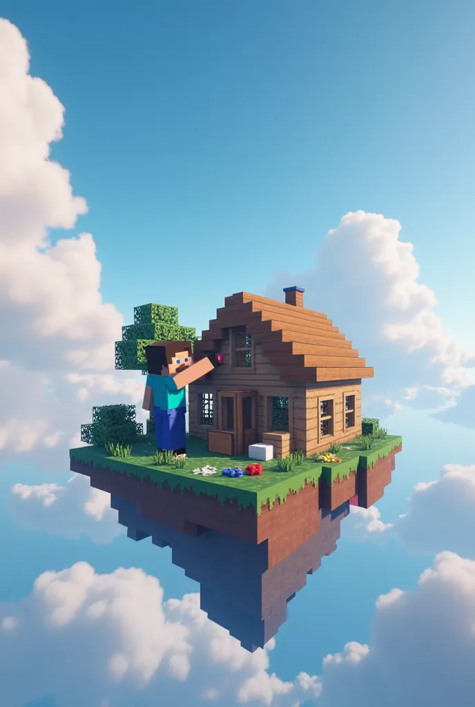 I need Minecraft onechunck skyblock where steve is bulding house yt thumbnail 