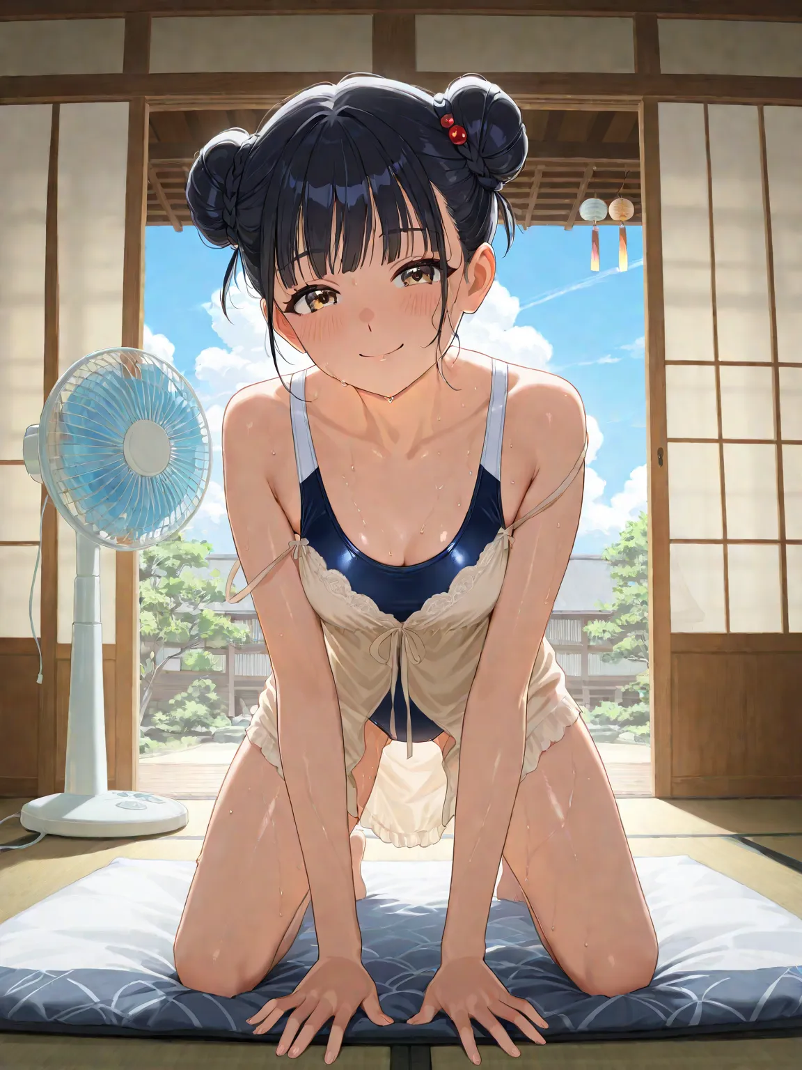  black hair bun hair ,Beige nightgown,navy blue competitive swimsuit, Japanese-style room in a Japanese house,summer,wind chimes,blue sky,Cumulonimbus,Electric fan,on tatami mat,on all fours,crotch is open,detailed thighs depicted in the picture,Detailed c...