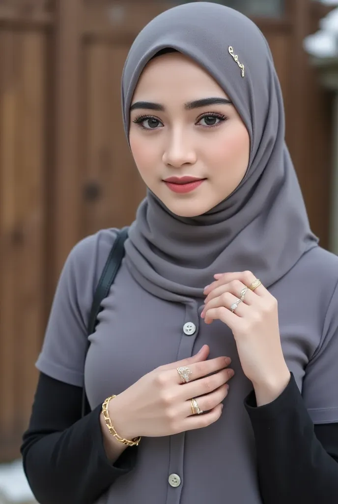 **Description Photo for Seart.AI**  

**Keywords**:  woman in hijab , gray hijab, oval face,  fair skin , makeup flawless,  pink lips, elegant fashion, gray-black blouse, gold jewelry, black sling bag , Graceful pose , Wooden background, winter mood.  

**...