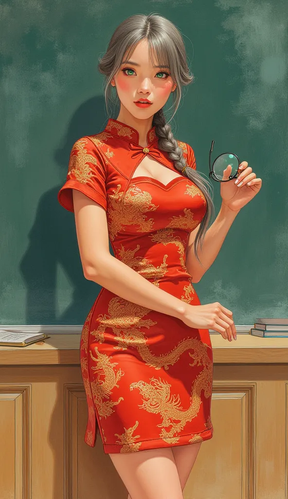 the detailed proportions and textures brushed multicolored and softened with airbrush, a semi-realistic Chinese ink illustration A young and sexy girl type school teacher is shown wearing a traditional Qipao dress (highly detailed full body and shy pose, p...