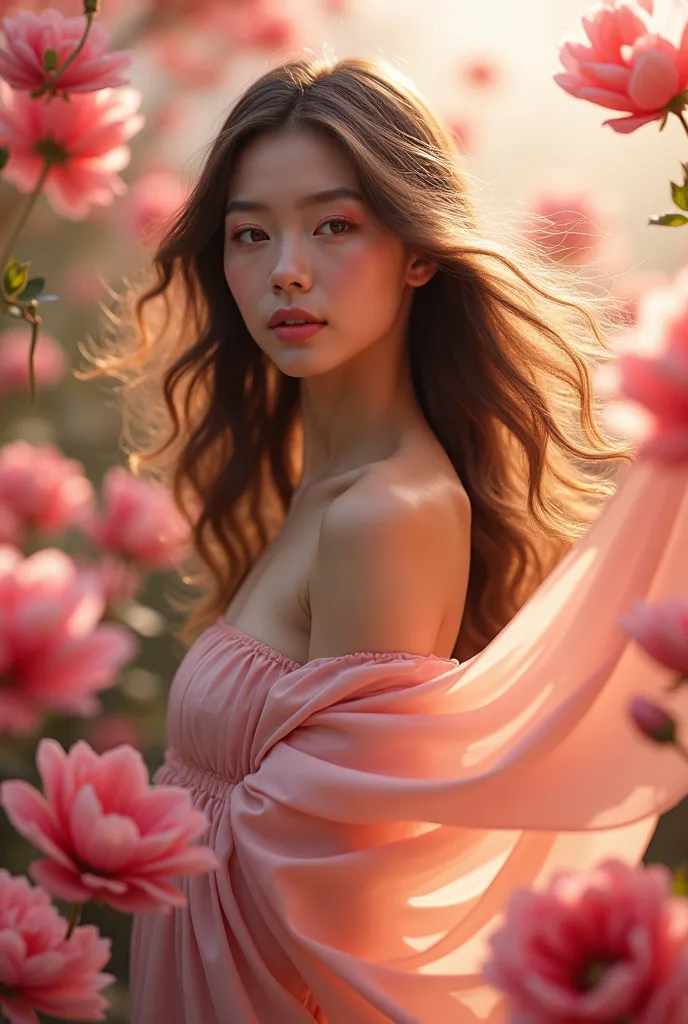 A woman lightly dressed in silk, her dress and hair are blowing in the wind, lots of pink flowers are surrounding her, HD, ultra detailed, a soft stained glass effect with golden finishesi