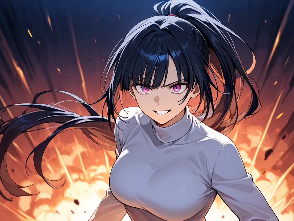 Half body potrait of a anime woman, long black ponytail hair, wearing white turtle neck, blue jeans, prepare to fight, death stare, smiling