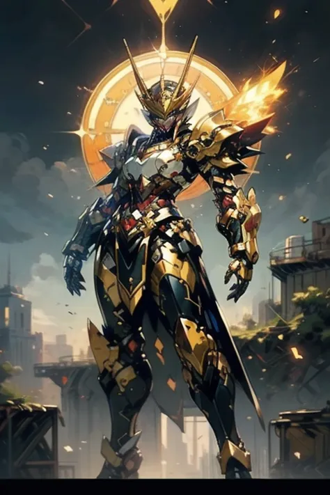 a woman in a fantasy full-body armor, Only the eyes were exposed、A fully enclosed helmet designed to resemble a crown, Composite Layered Chest Plate, Fully covered shoulder and hand guards, Lightweight waist armor, Close-fitting shin guards, The overall de...