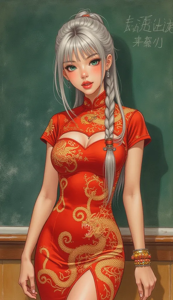 the detailed proportions and textures brushed multicolored and softened with airbrush, a semi-realistic Chinese ink illustration A young and sexy girl type school teacher is shown wearing a traditional Qipao dress (highly detailed full body and shy pose, p...