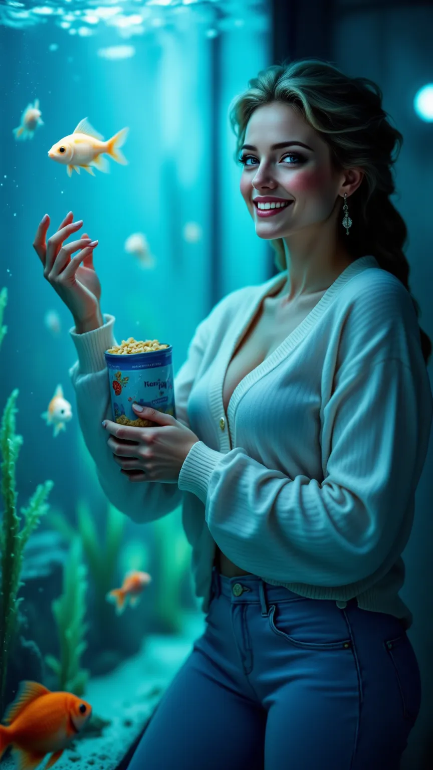 (((Beautiful, slender female figure with big curves),(wearing a white cardigan and tight blue pants that express the immense joy of baseball),(With a smile))), Expressing joy by holding a fish food bag with your hand and giving food to the fish in the aqua...