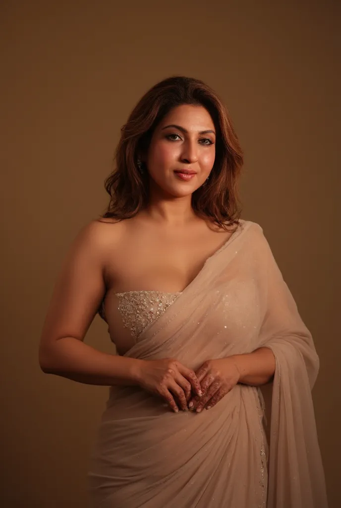 A gorgeous Indian woman with a tall, curvy, and well-maintained figure, wearing an ultra-low-waist transparent saree that drapes sensually around her hips, revealing her toned midriff and long waist. Her blouse is sleeveless, with a deep neckline, sitting ...