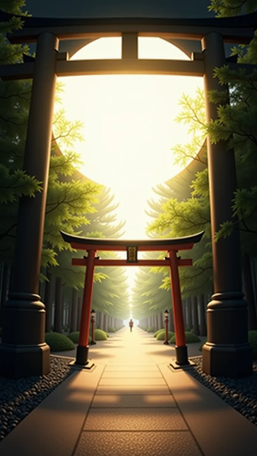 In the background of the shrine&#39;s torii、The morning sunlight creates a large halo.、A lot of light is coming out of the center of the circle..