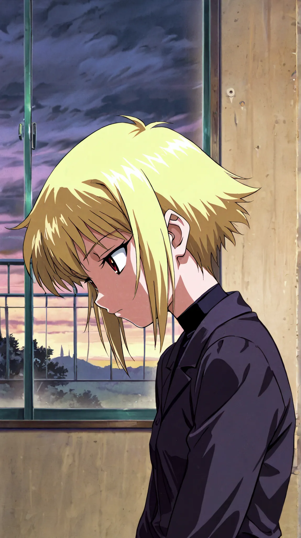 best_quality, detailed_background, 1boy, femboy, short hair, sidelocks, blonde hair, red eyes, goth anime, vintage footage, old anime