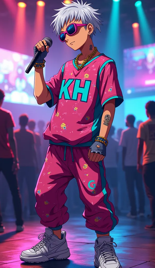 Killua Zoldyck from Hunter x Hunter transformed into a stylish Brazilian funk 'malandro,' standing confidently in a vibrant nightclub. He wears a flashy, oversized basketball jersey in bright neon colors (pink, blue, and yellow) with bold graffiti-style de...