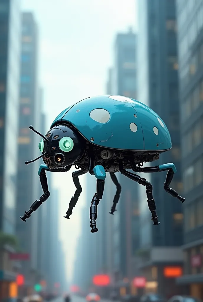 A white-spotted blue ladybug drone with helicopter propellers 