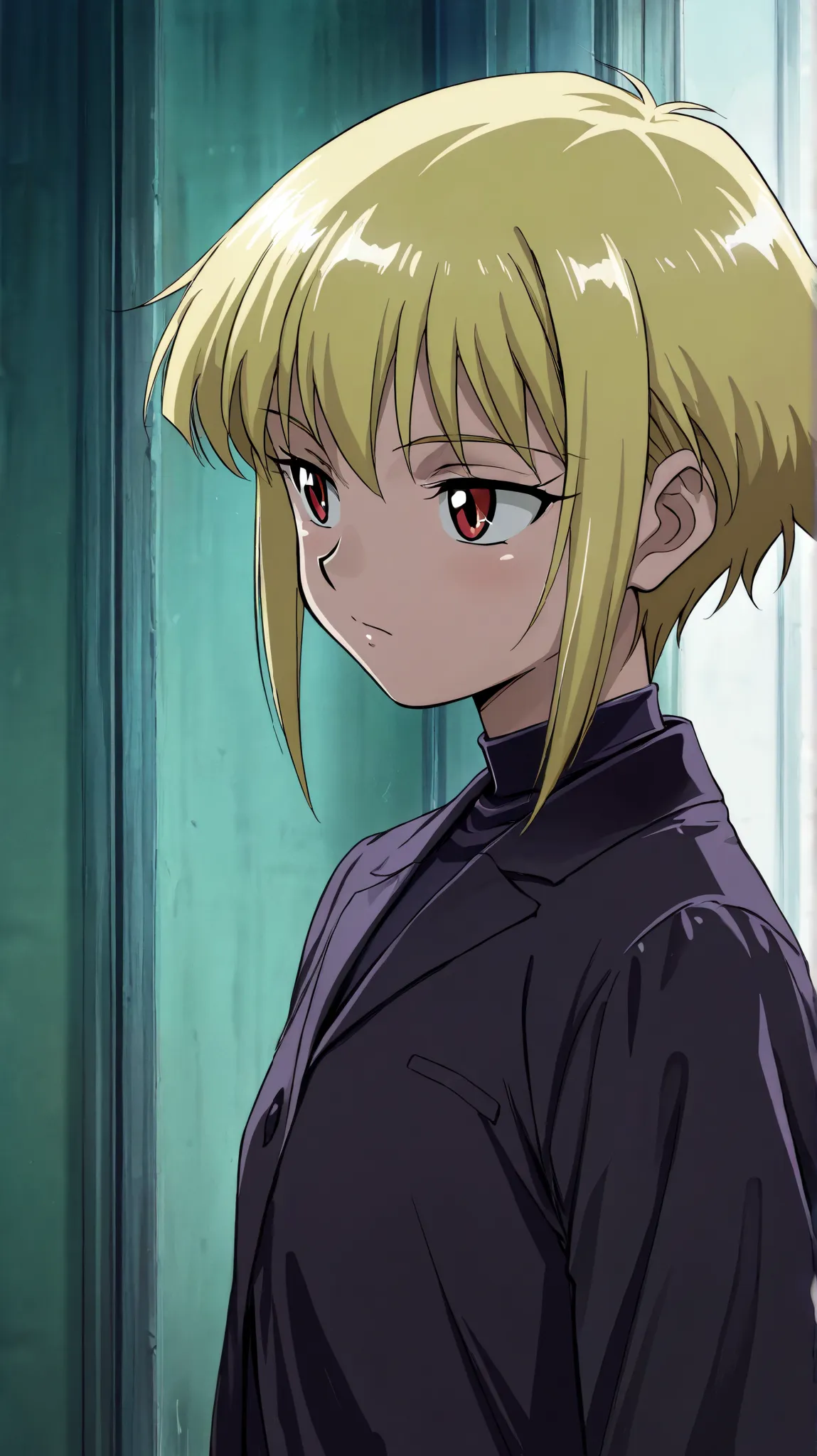 best_quality, detailed_background, 1boy, femboy, short hair, sidelocks, blonde hair, red eyes, goth anime, vintage footage, old anime