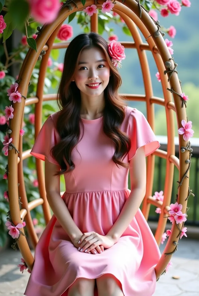 foto close up Seorang wanita muda  tailand Korea cantik anggun, mata coklat, smile,  long hair ornamental flowers . .  wearing bright pink  dress soft green gradation round short-sleeved dress . .  with tiered petals  , rok lebar sedikit smile lembut, whit...