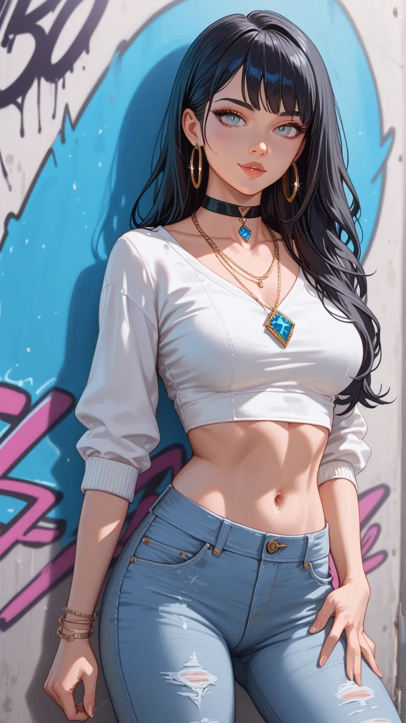 A stylish anime girl with long, silky black hair and bangs stands confidently in front of a vibrant graffiti-covered wall. Her striking white eyes give her an enigmatic and captivating aura. She wears a lavender cropped sweater with a wide neckline, reveal...