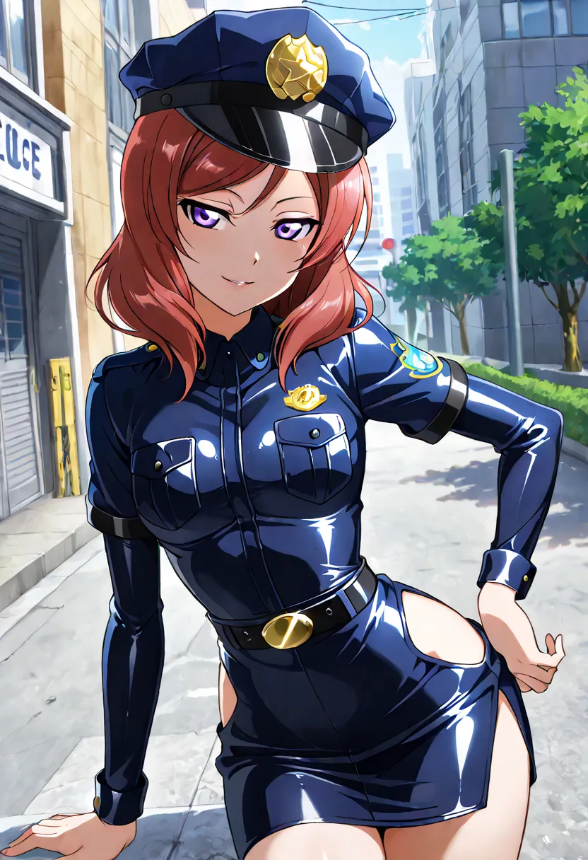 Female, Red hair, nishikino maki, Outdoors, RUKIA Style,long hair, purple eyes,looking at viewer,seductive smile,thin torso, narrow waist, police clothes,short skintight skirt, police cap,long girl,hip vent