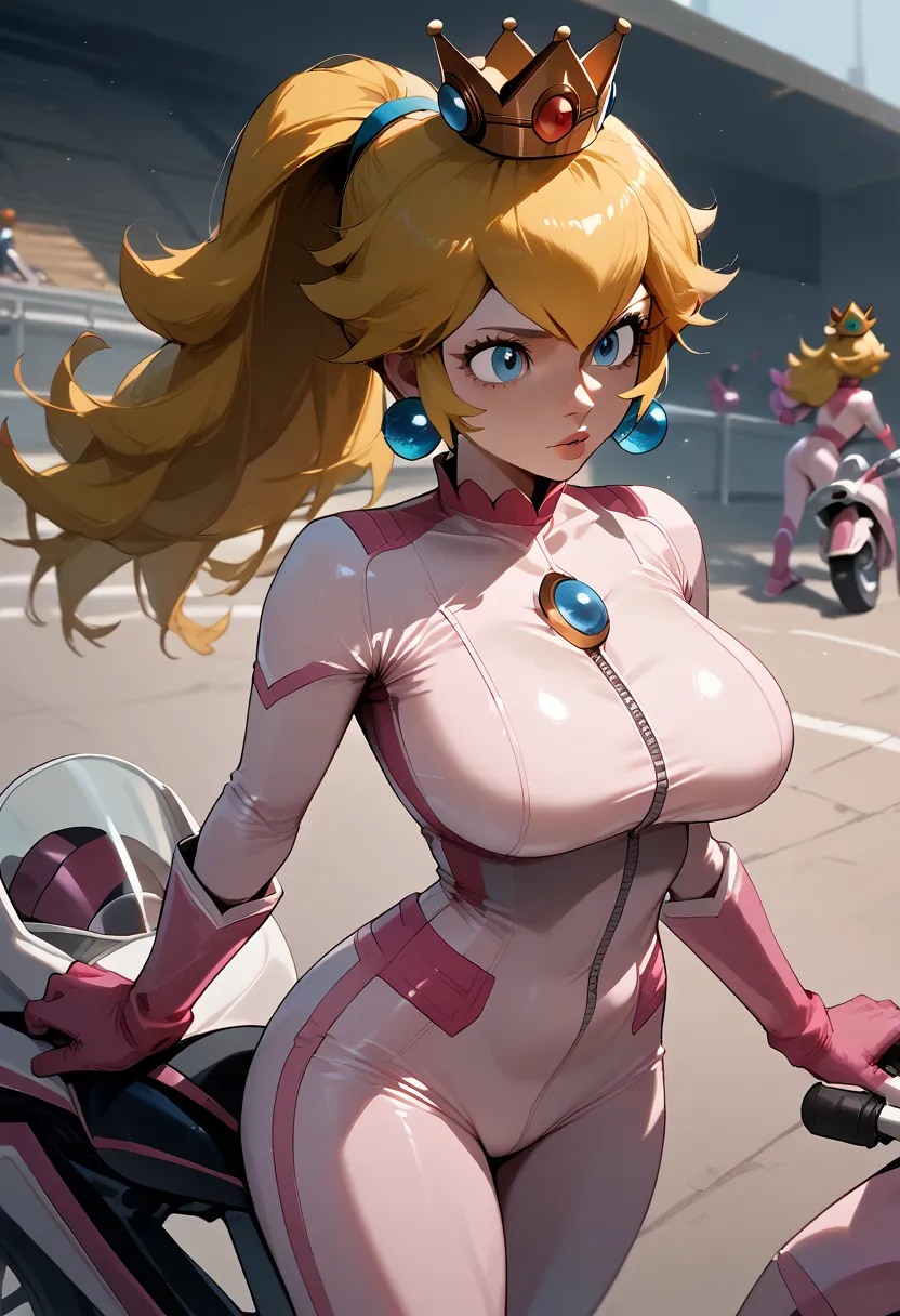 IncrsPchBiker, long hair, ponytail, biker clothes, bikesuit, pink bodysuit, pink gloves, skin tight, crown, jewelry, earrings, Hot cleavage, big breasts