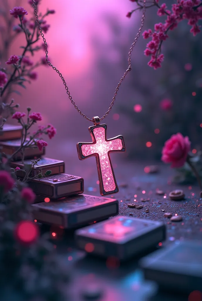 A psychedelic feeling that wants to turn the background and light shadows of the cross necklace into pink