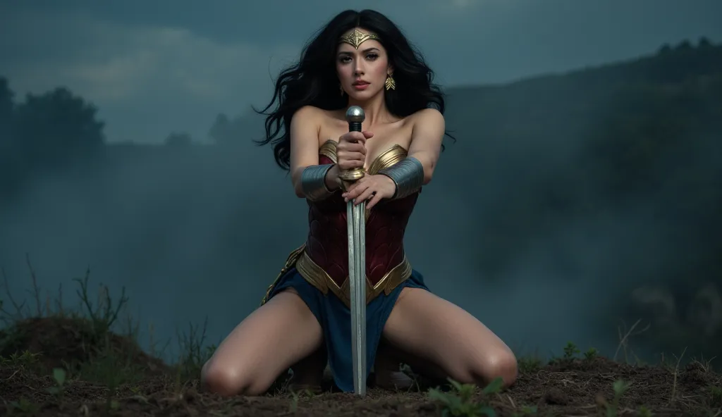  beautiful wonder woman, big breasts, kneeling, wet, stick the sword in the ground, a dramatic and cinematic atmosphere. extremely detailed eyes and face, long eye lashes, detailed skin, detailed fabric, detailed hair