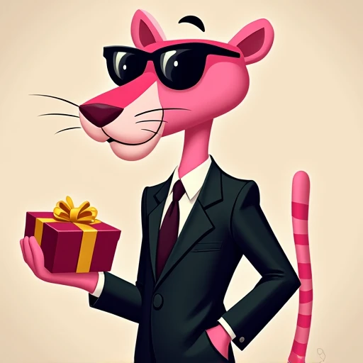 Pink panter, wearing black suit, face wearing black sun glasses, hand wear gift box  cartoon
