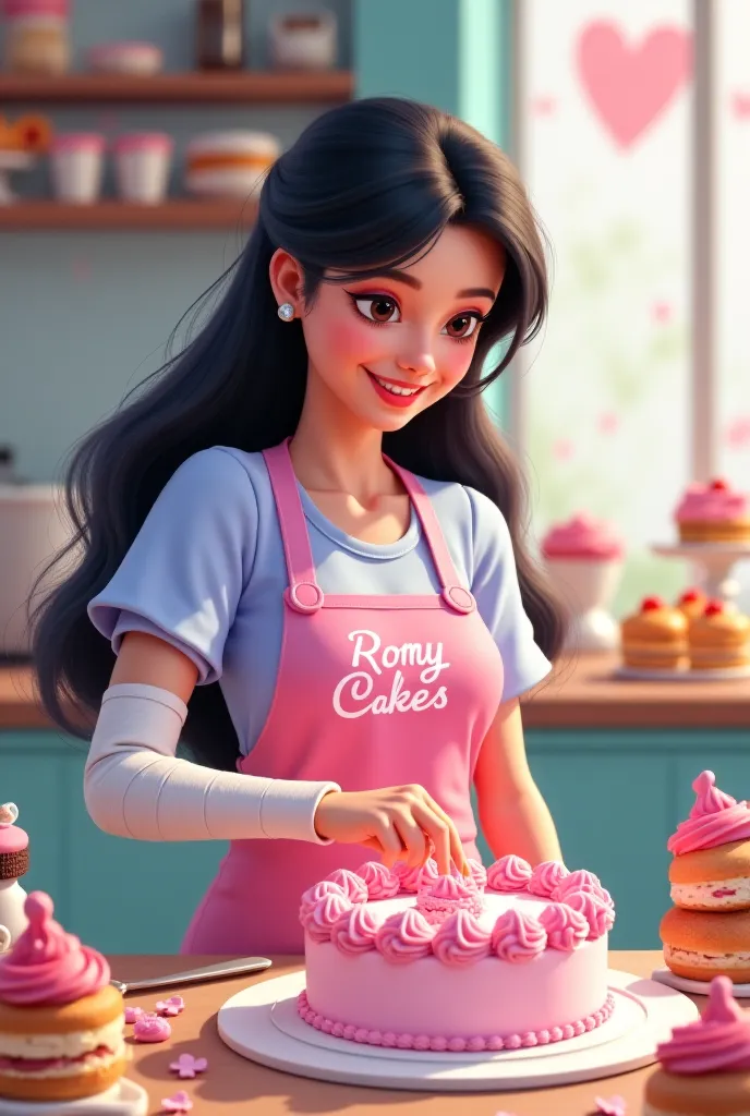 Animation pastry box, long black hair, light pink and lilac apron that says Romy Cakes, with an injured arm with a splint, Making a pink heart cake