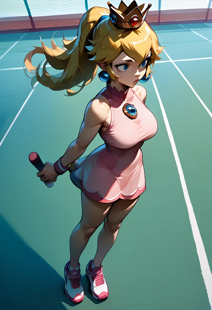 IncrsPchTennis, long hair, ponytail, pink dress, tennis uniform, sportswear, bare shoulders, shoes, sleeveless dress, crown, jewelry, earrings, Hot cleavage, big breasts