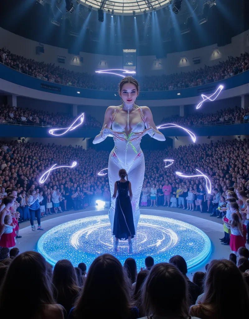 A grand cyberpunk opera performance takes place in a futuristic amphitheater. The lead singer, a bio-engineered diva with translucent skin and glowing vocal cords, sings while holographic musical notes swirl around her. The audience—half-human, half-AI—wea...