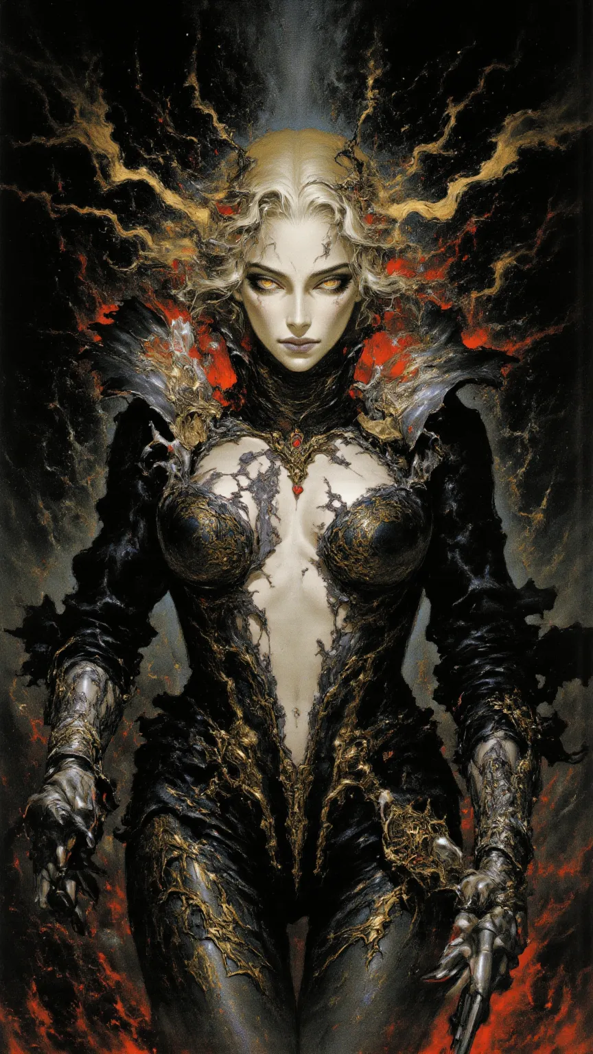 full body, Female Warrior，Dark Arts ，fear，Gothic，weapons，sexy，long golden hair，Wayne Reynolds draws，is in a highly detailed and dynamic style, Luminescence