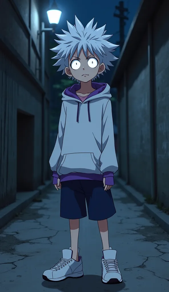 Killua Zoldyck from Hunter x Hunter in his classic outfit—a simple white hoodie with purple trim, dark blue shorts, and his iconic white sneakers—but with a terrifying, malevolent twist. His usually bright and carefree silver eyes now radiate a cold, pierc...