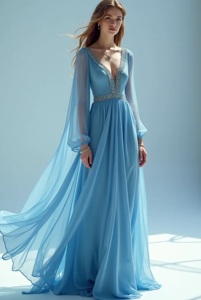 A flowing maxi dress, its movement like rippling water, crafted from lightweight and comfortable fabrics like silk or chiffon. The gentle, slightly scooped neckline offers a sense of modesty and elegance, while maintaining softness and avoiding formality. ...