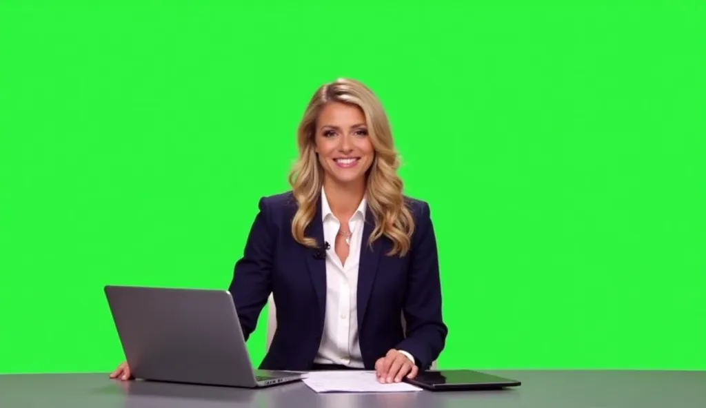 A beautiful blonde female news anchor presenting news. She has a confident smile and is dressed in an elegant blazer and blouse, with neatly styled hair and light makeup. She is seated at a desk with a microphone, laptop, and papers. The background is a pl...