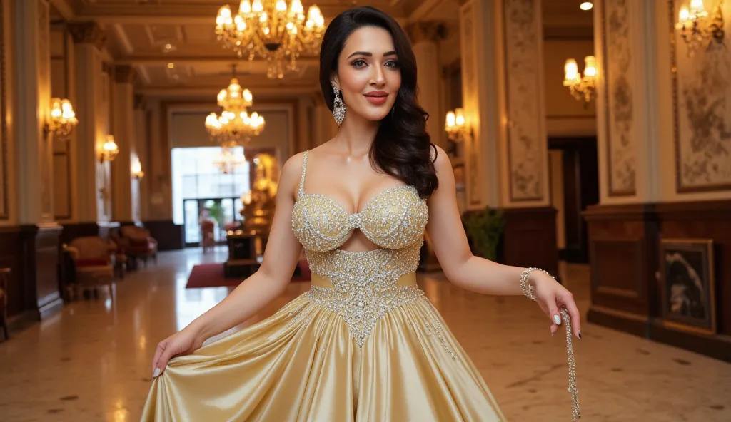 A stunning woman steps into a vintage hotel lobby, wearing a classic 1950s floor-length satin gown with intricate beadwork and a fitted bodice. Her hair is styled in a voluminous, curly, vintage updo, with soft, thick curls that frame her face beautifully....