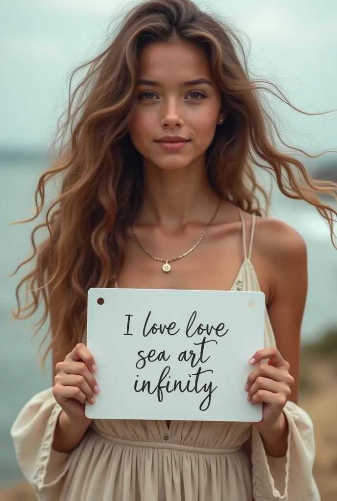 Beautiful girl with wavy long hair, bohemian dress, holding a white board with text "I Love Seaart Infinity" and showing it to the viewer