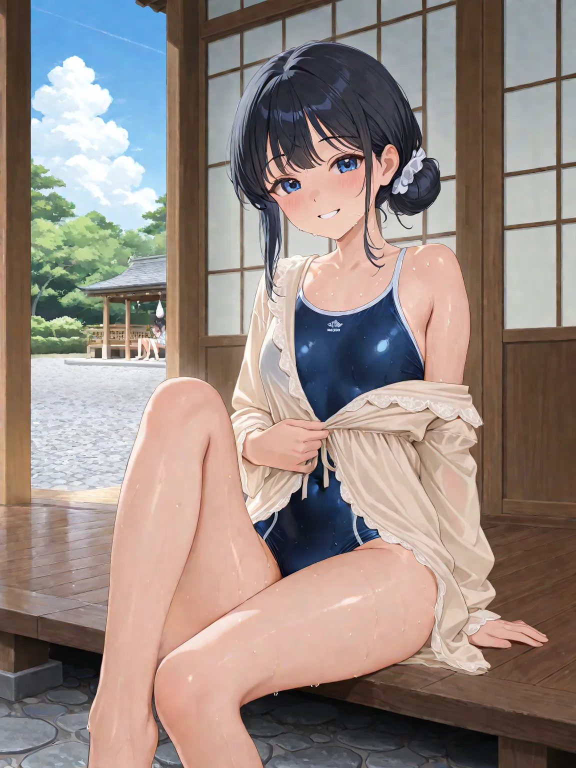  black hair bun hair ,Beige nightgown,navy blue competitive swimsuit,Japanese Garden,summer,blue sky,Cumulonimbus,On the cobblestones,Sitting in the garden with M-legs open,detailed thighs depicted in the picture,Detailed chest description ,is sweaty,Smili...