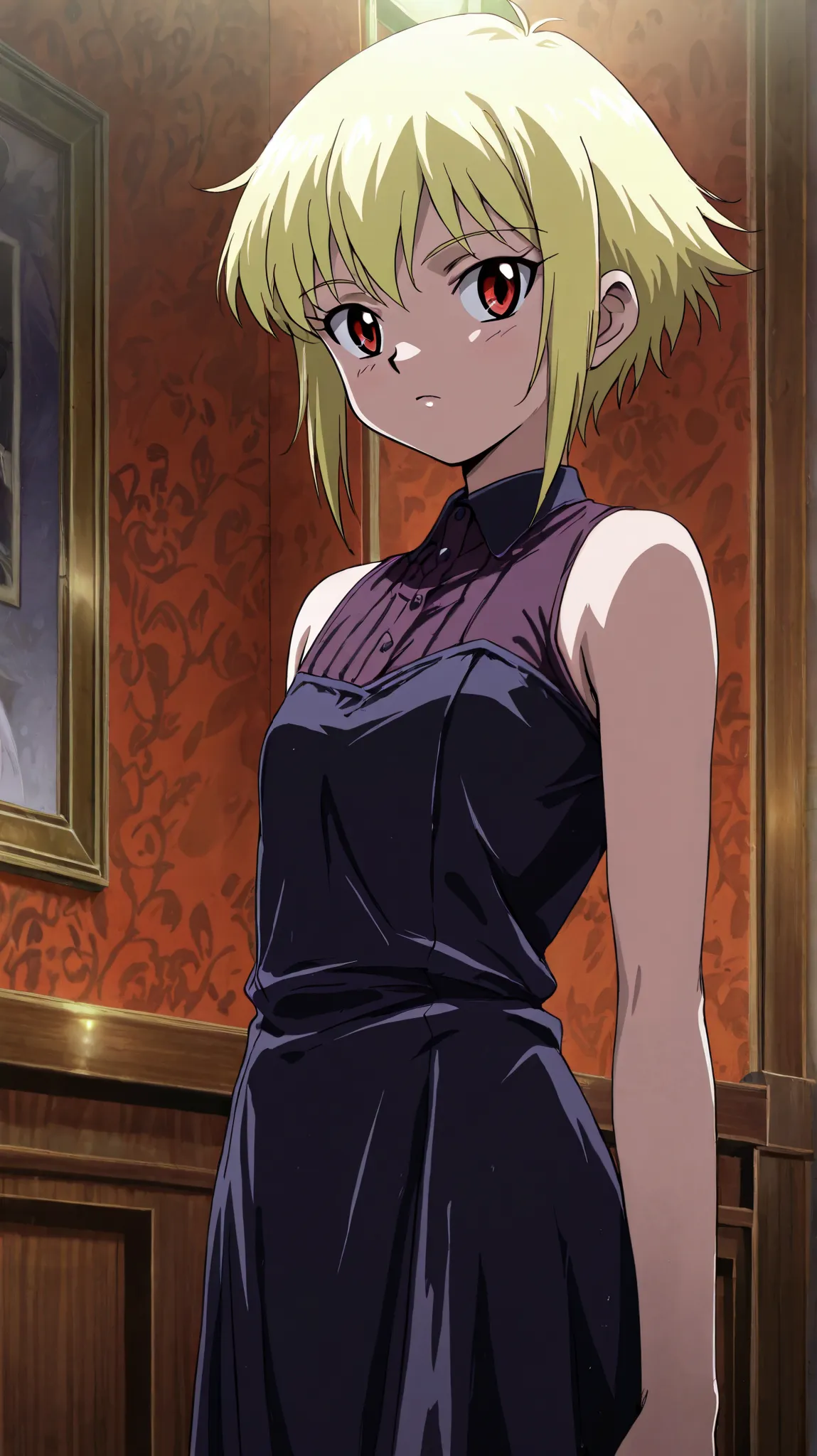 best_quality, detailed_background, 1boy, femboy, short hair, sidelocks, blonde hair, red eyes, goth anime, vintage footage, old anime