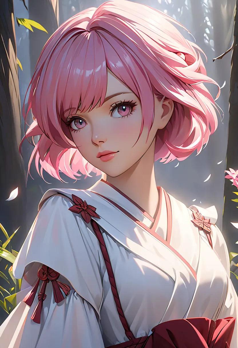 Arkanevi ,  medium short pink haired woman in white dress, [Woman&#39;s face,  Unreal Engine character art , portrait