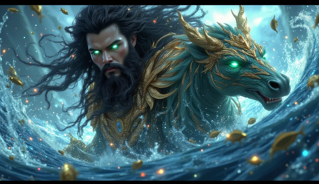 Close-up Poseidon eyes turquoise hair and black beard with golden armor riding a hippocampus seahorse riding at high speed under the sea with fish and bubbles rays and sparks 