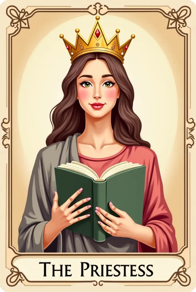 Generate a tarot card called “The Priestess” the card will have a frame and the name below, pastel-colored card is a woman with a crown holding a book, expresses wisdom and knowledge, The character is smiling