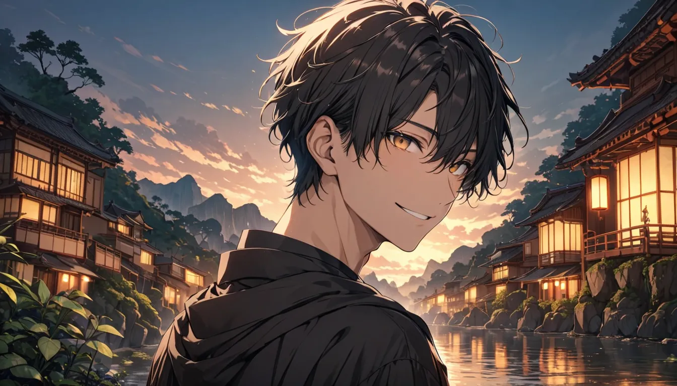 apstyle3 apstyle masterpiece top quality detailed eye masterpiece top quality male short hair intense flow beautiful background black upper body watching viewer temptation smile dusk