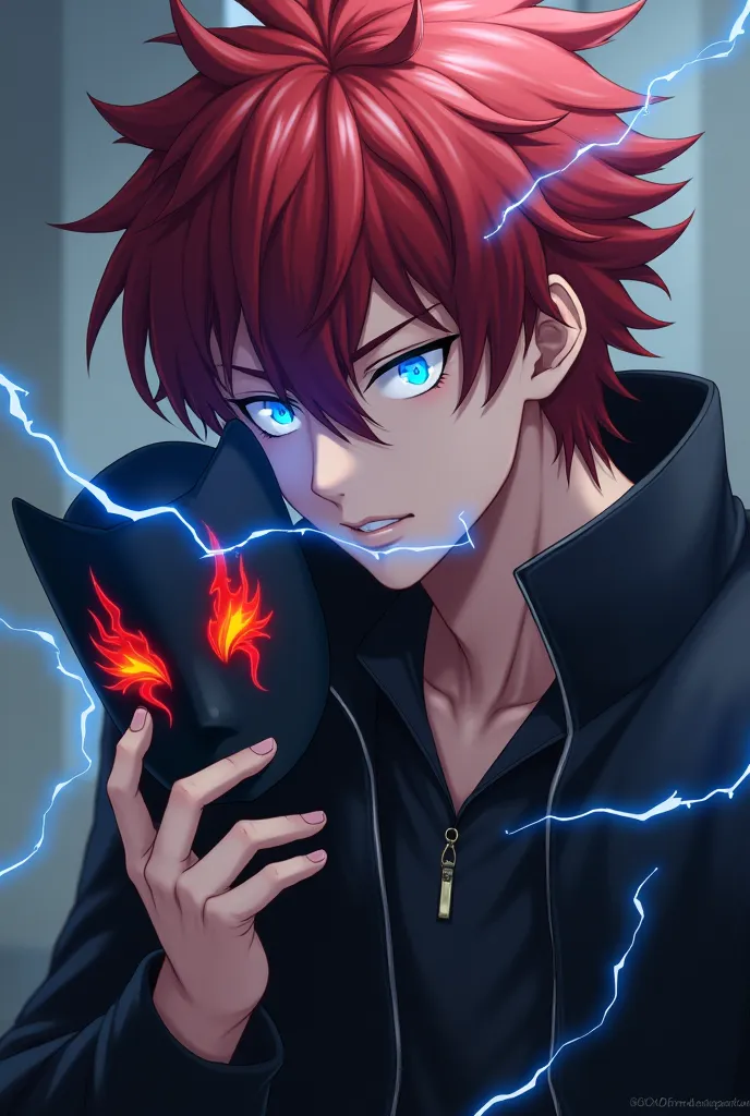 A red haired anime man with blue lightning eyes effect and a calm expression holding a black mask with no mouth shaped on it and red firery shape in the eyes side of the mask holding it at the side of his face