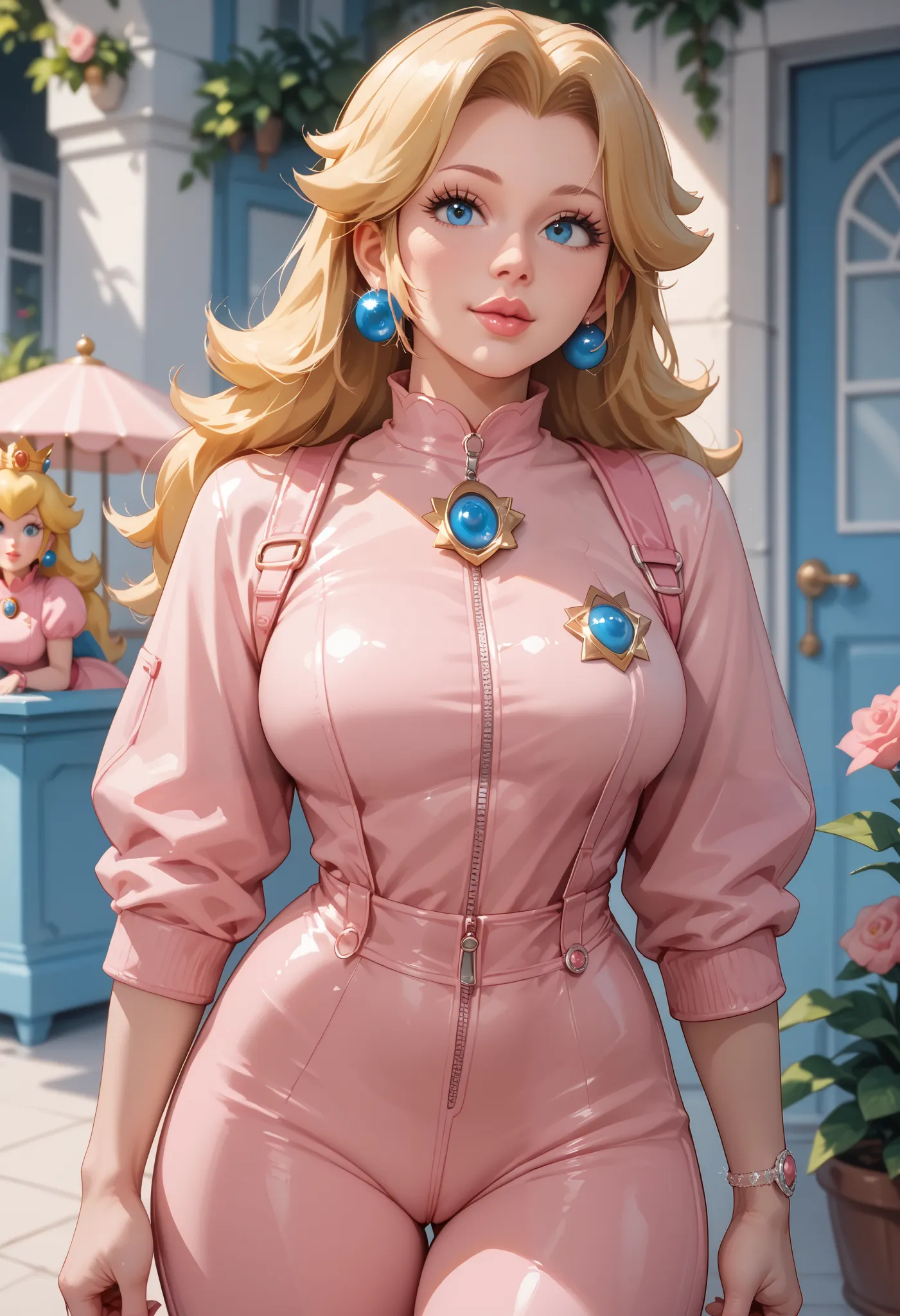 Peach leaning against a blue Porch 911 gt3, pink pilot jumpsuit, Sensual, Mature Woman, Hot girlfriend style