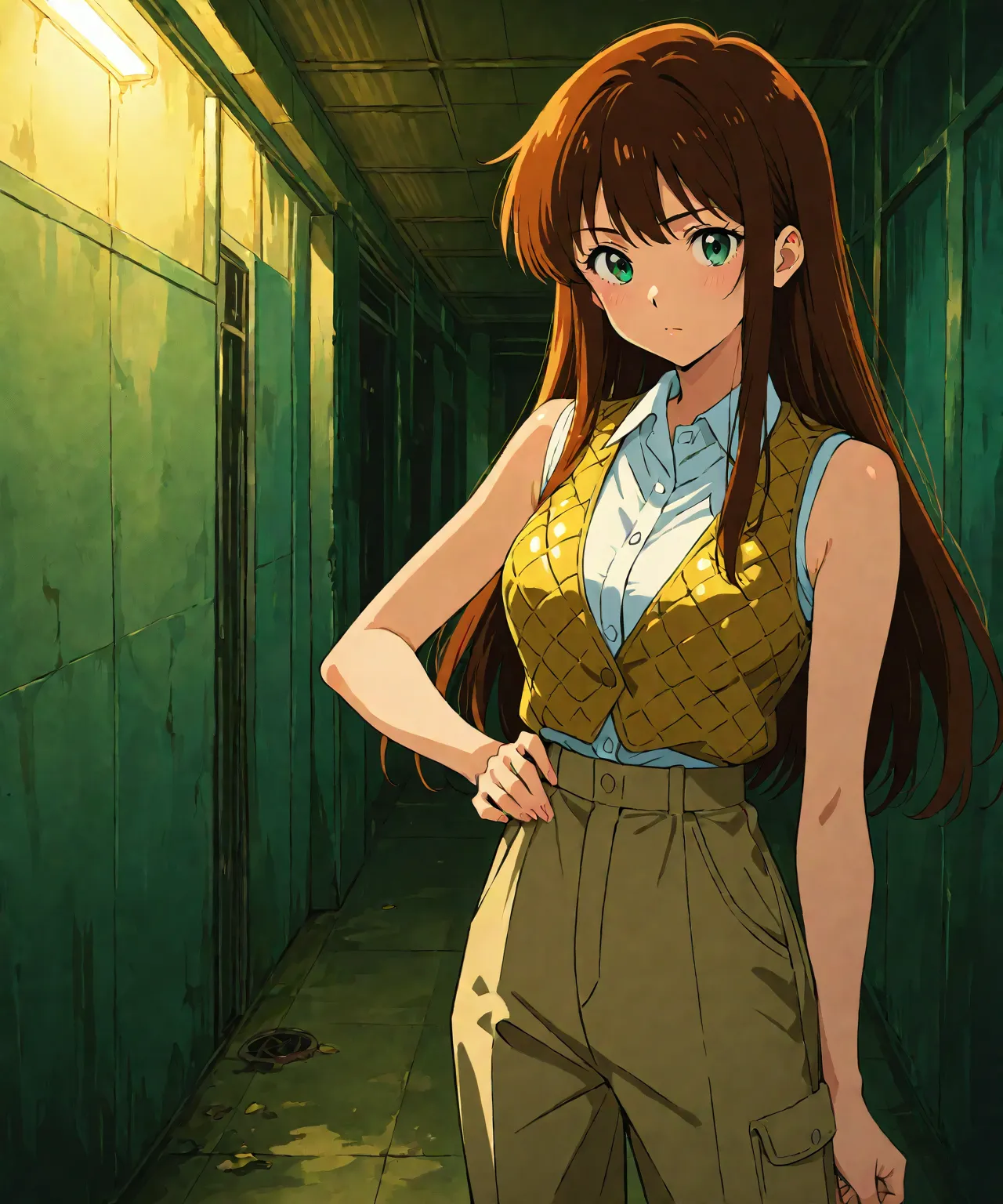 1girl, solo, beautiful sexy anime girl with very long brown hair, wearing white sleeveless button up collared shirt with a blue quilted vest over it & beige khaki cargo pants, inside of a abandoned parking garage at night time