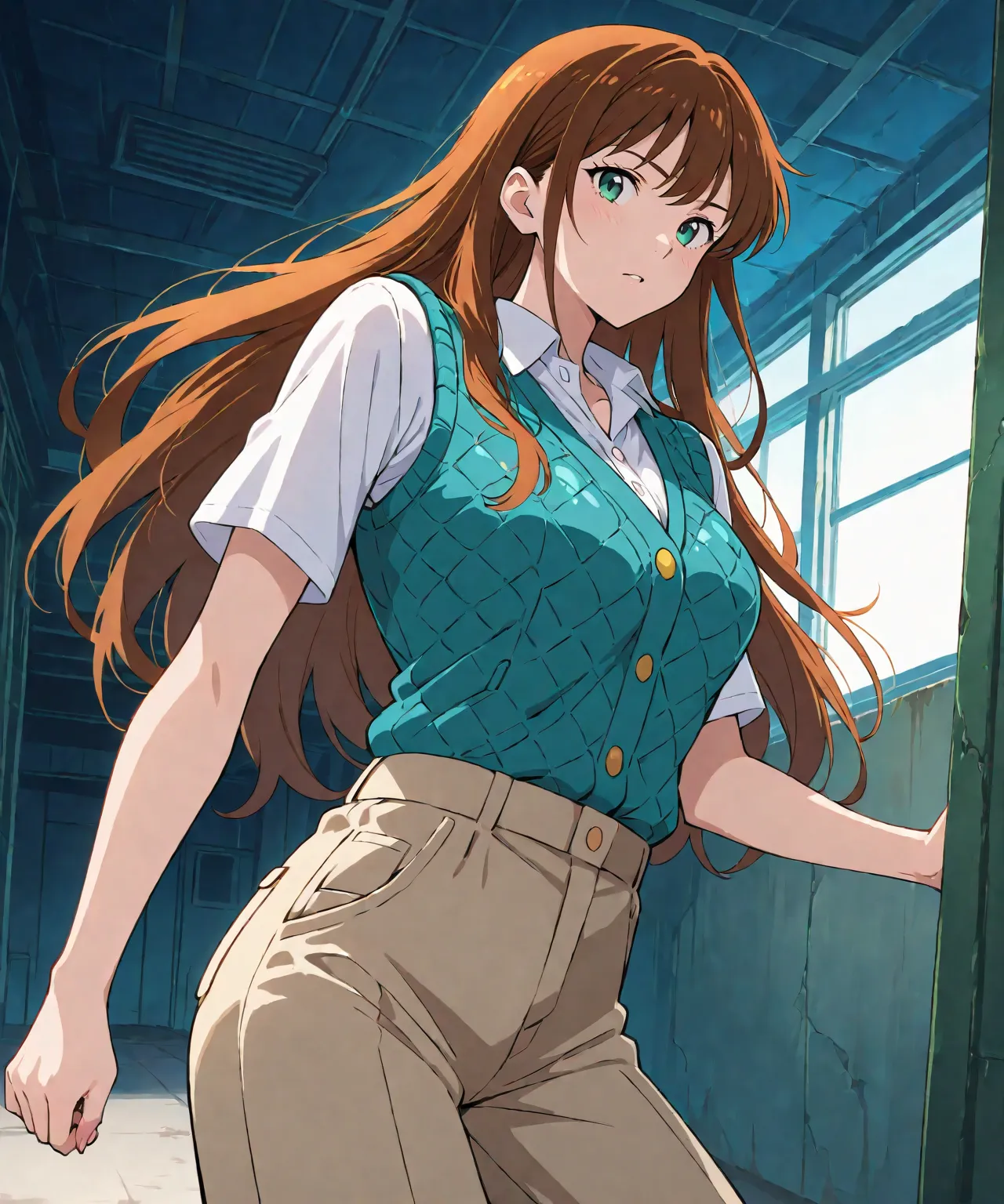 1girl, solo, beautiful sexy anime girl with very long brown hair, wearing white sleeveless button up collared shirt with a blue quilted vest over it & beige khaki cargo pants, inside of a abandoned parking garage at night time