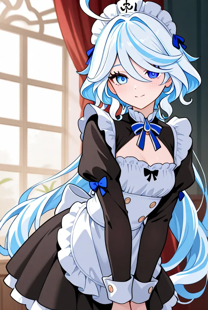 Generate Furina from "Genshin impact" in maid uniform in anime style