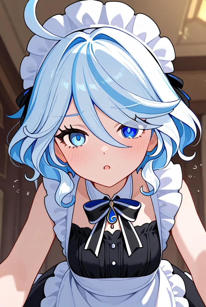 Generate Furina from "Genshin impact" in maid uniform in anime style